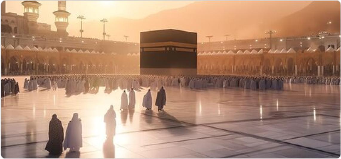 Pilgrims walking towards the Kaaba at Masjid al-Haram, Makkah