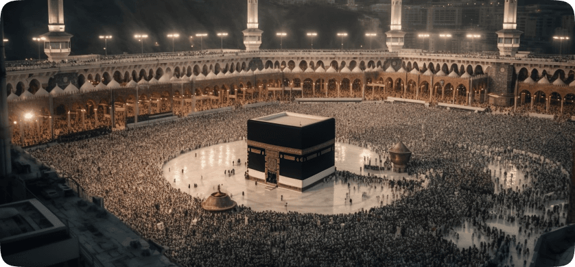 Pilgrims performing Tawaf around the Kaaba at Masjid al-Haram, Makkah